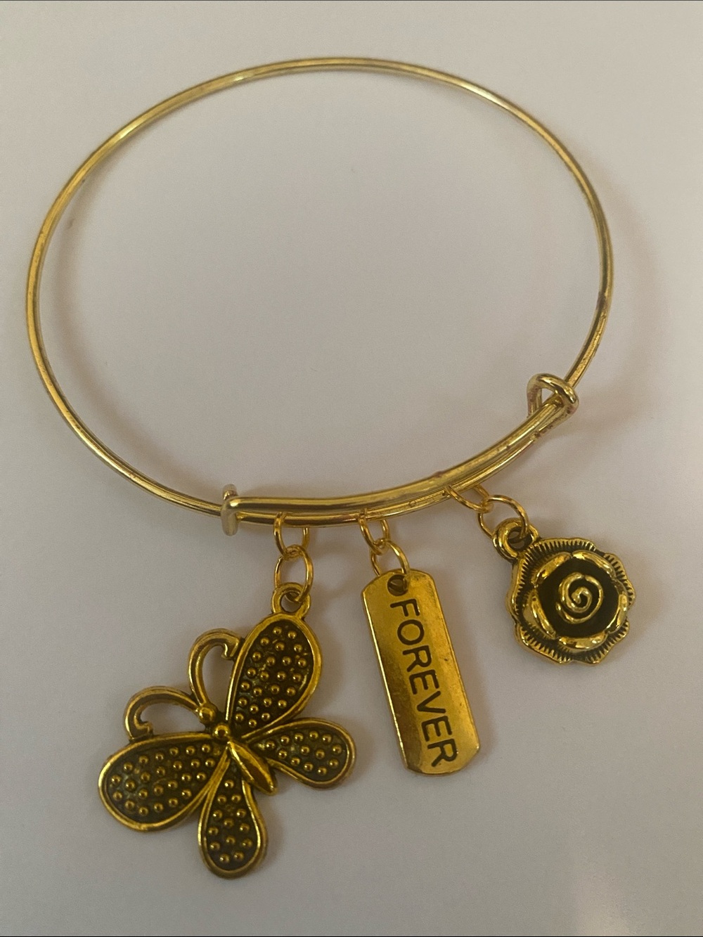 Hand Crafted Gold Butterfly & Rose Charm Bangle with FOREVER Tag